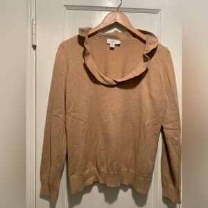 LOFT Women's Camel Ruffle Cowl Neck Preppy Neutral Minimalist Cotton Sweater L